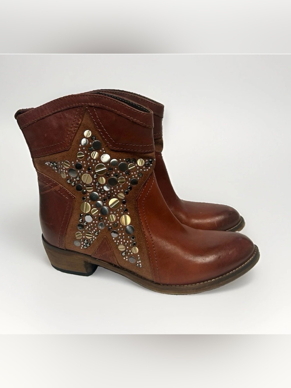 Lavorazione Artigiana Ankle Boots Studded Star Western Red Leather Women 38 US 8